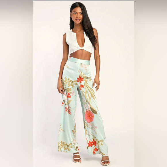 LULU'S NWOT Women's Mint Green Floral Silk Pants - Picture 1 of 7